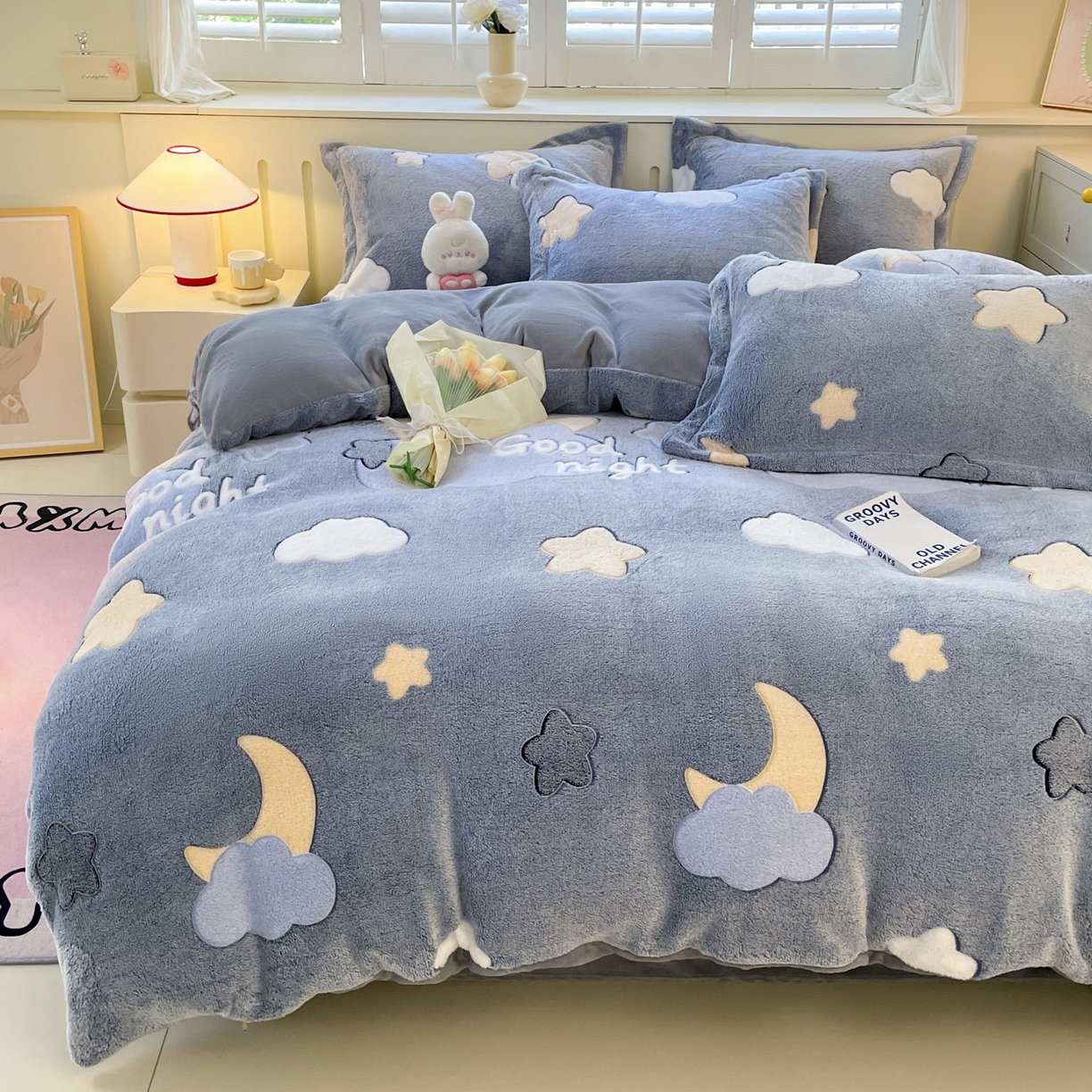 91家纺网 家纺一手货源 找家纺 沐慕 2025新款A类200g加厚雪花绒180g牛奶绒四件套 星星月亮