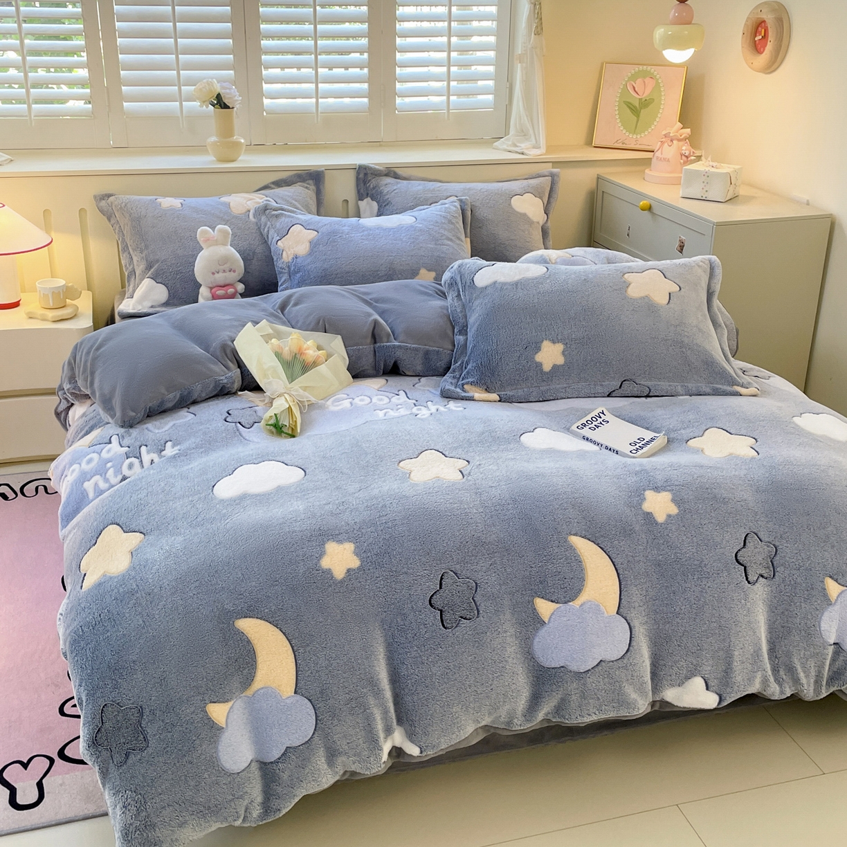 91家纺网 家纺一手货源 找家纺 沐慕 2025新款A类200g加厚雪花绒180g牛奶绒四件套 星星月亮