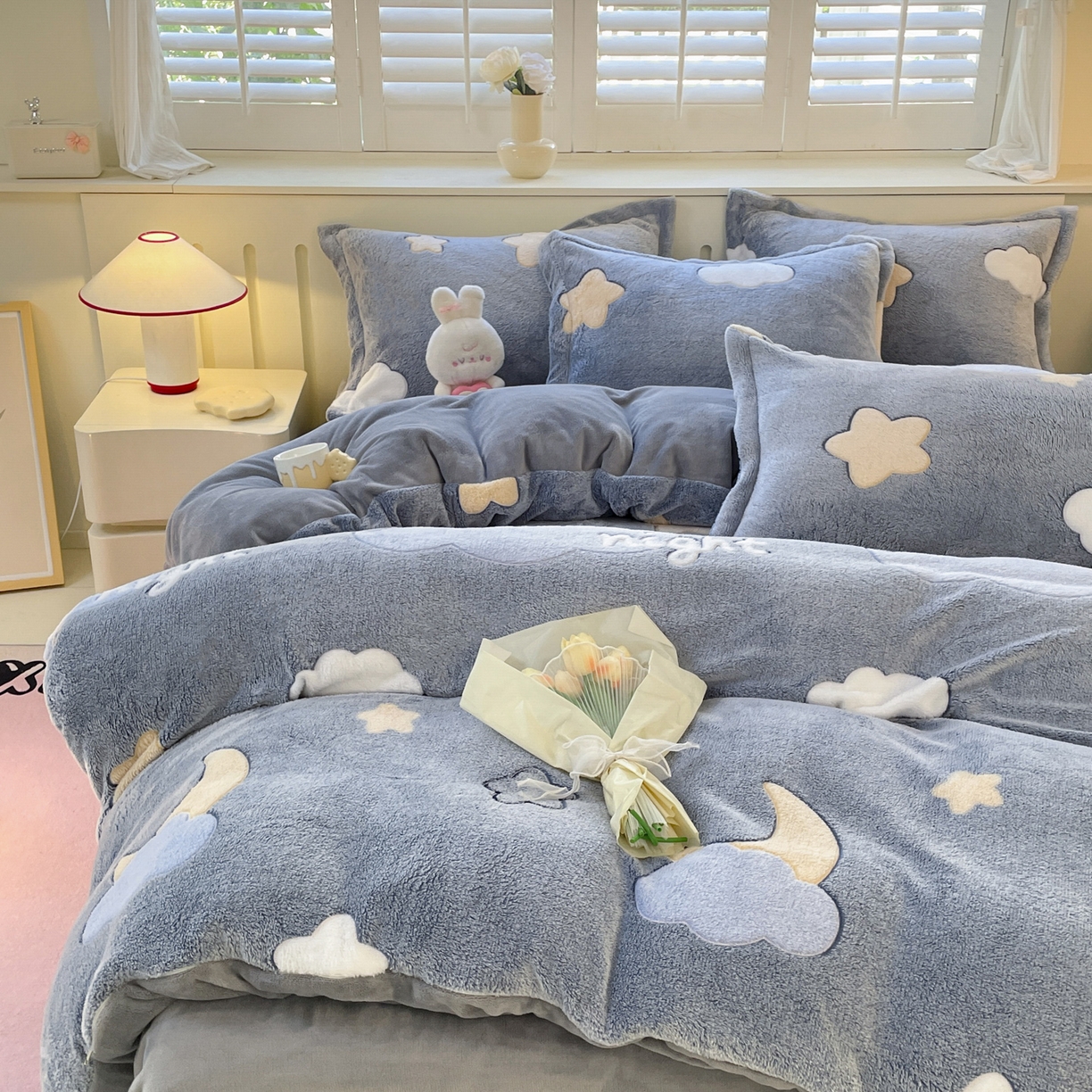 91家纺网 家纺一手货源 找家纺 沐慕 2025新款A类200g加厚雪花绒180g牛奶绒四件套 星星月亮