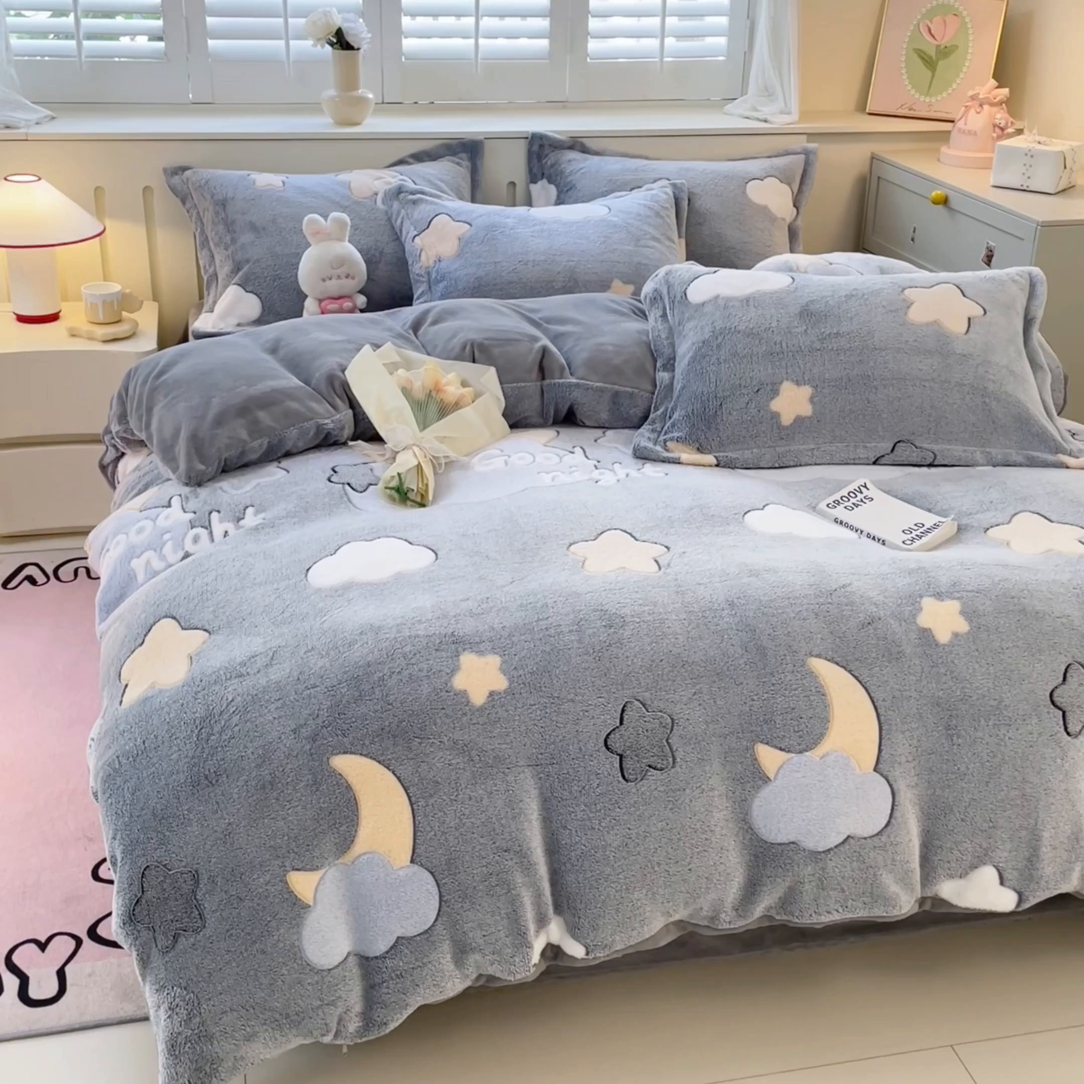 91家纺网 家纺一手货源 找家纺 沐慕 2025新款A类200g加厚雪花绒180g牛奶绒四件套 星星月亮