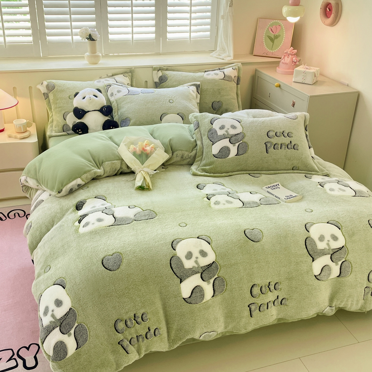 91家纺网 家纺一手货源 找家纺 沐慕 2025新款A类200g加厚雪花绒180g牛奶绒四件套 熊猫伙伴