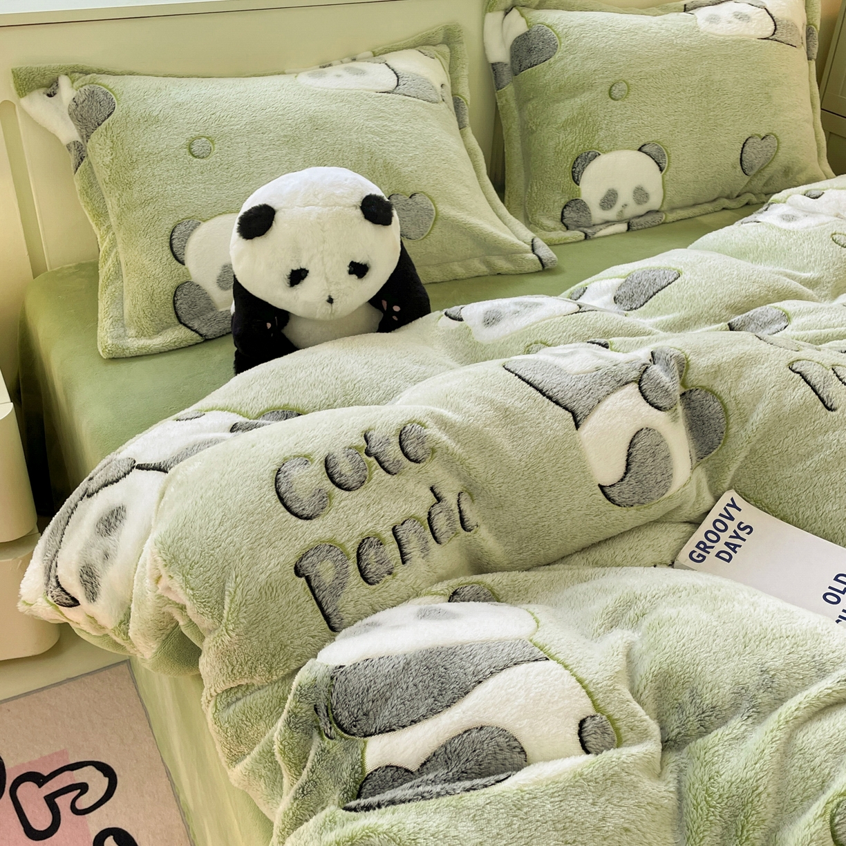91家纺网 家纺一手货源 找家纺 沐慕 2025新款A类200g加厚雪花绒180g牛奶绒四件套 熊猫伙伴