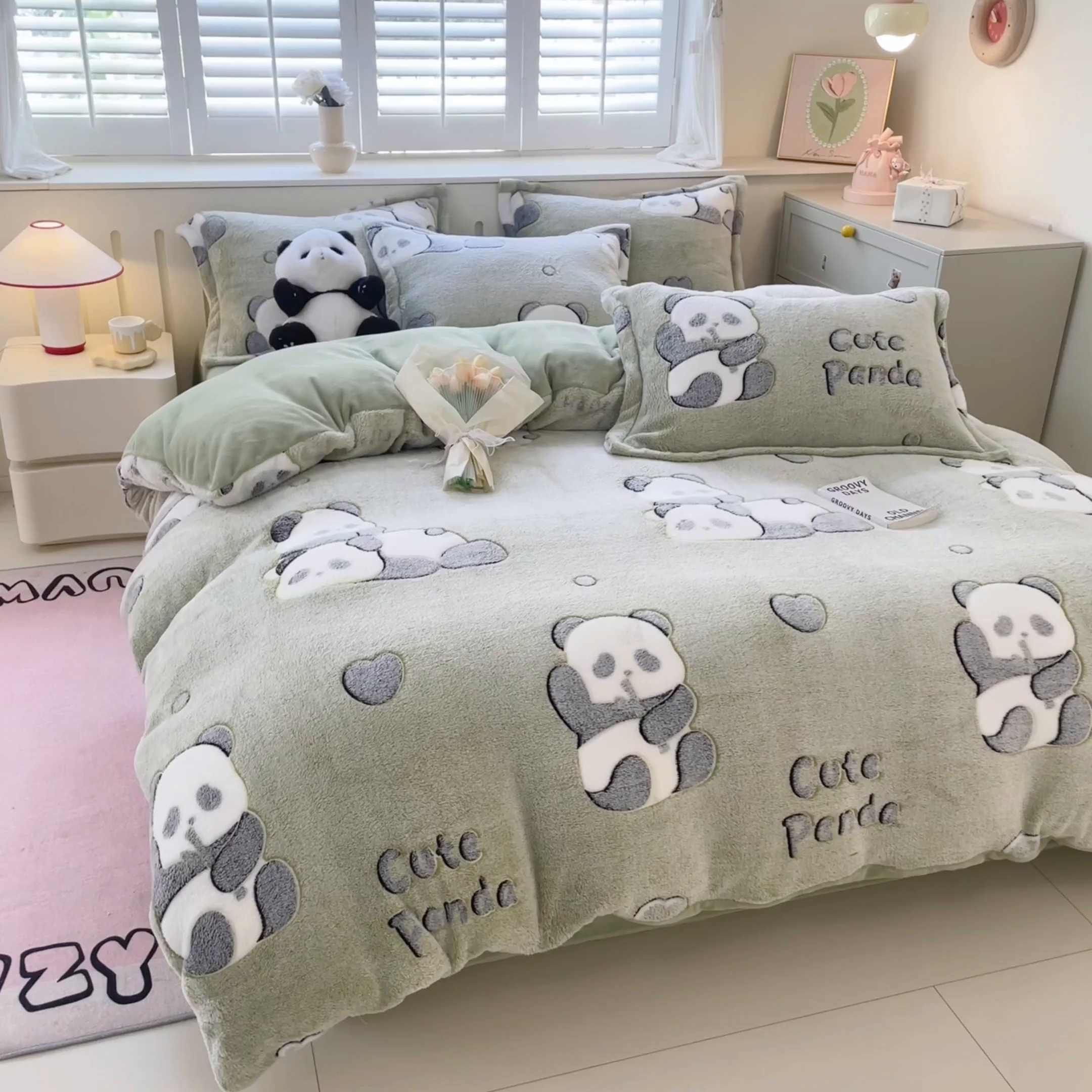 91家纺网 家纺一手货源 找家纺 沐慕 2025新款A类200g加厚雪花绒180g牛奶绒四件套 熊猫伙伴