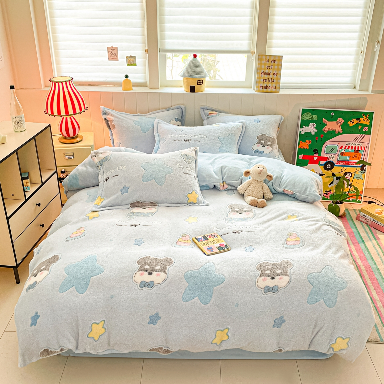 91家纺网 家纺一手货源 找家纺 沐慕 2025新款A类200g加厚雪花绒180g牛奶绒四件套 雪纳瑞