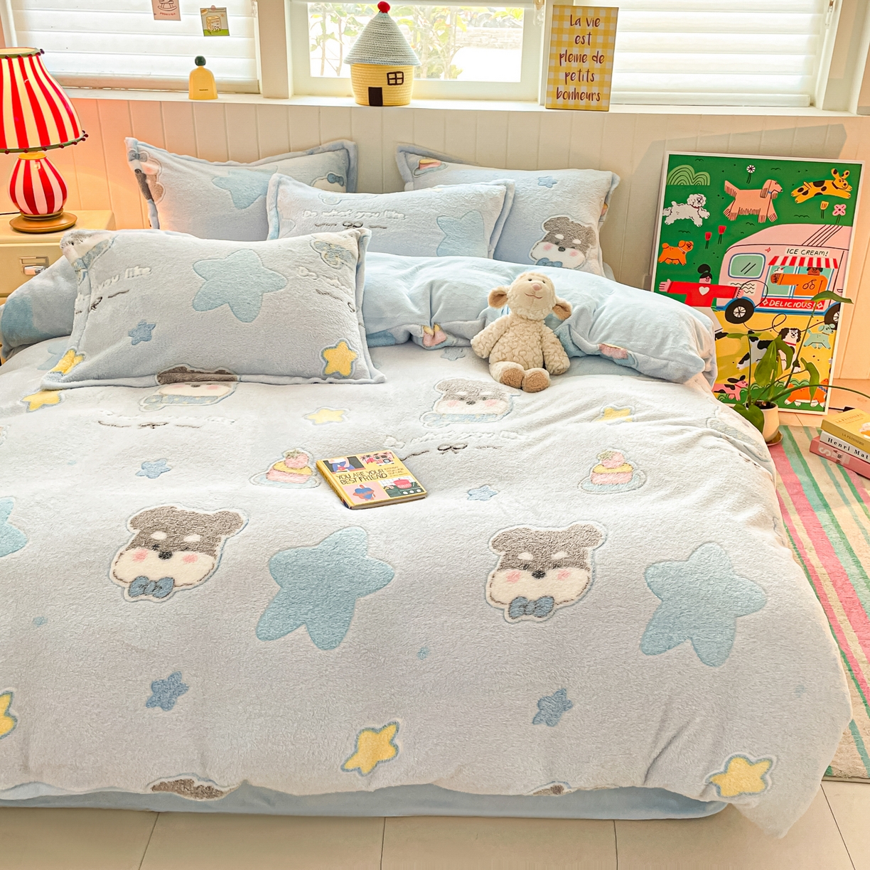 91家纺网 家纺一手货源 找家纺 沐慕 2025新款A类200g加厚雪花绒180g牛奶绒四件套 雪纳瑞