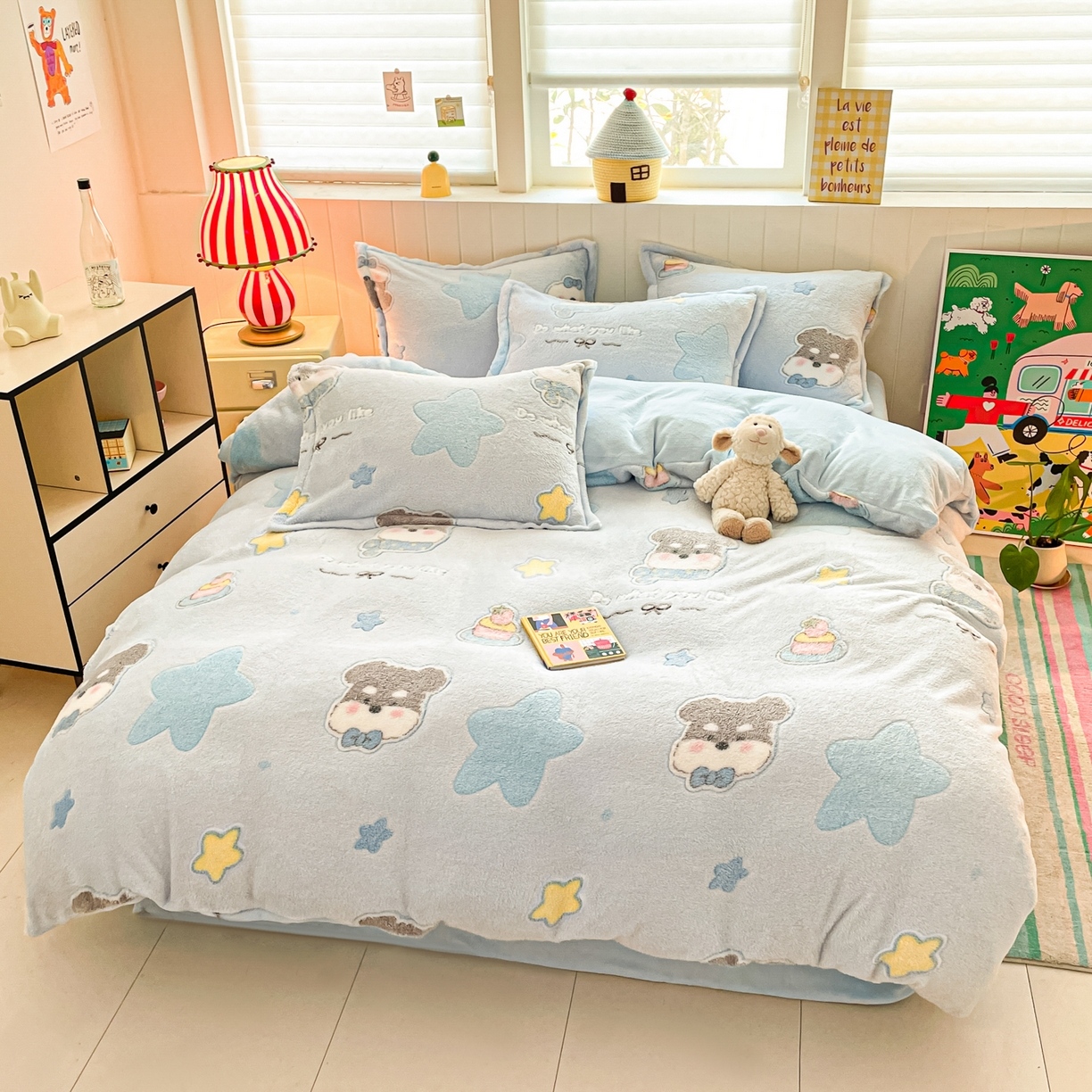 91家纺网 家纺一手货源 找家纺 沐慕 2025新款A类200g加厚雪花绒180g牛奶绒四件套 雪纳瑞