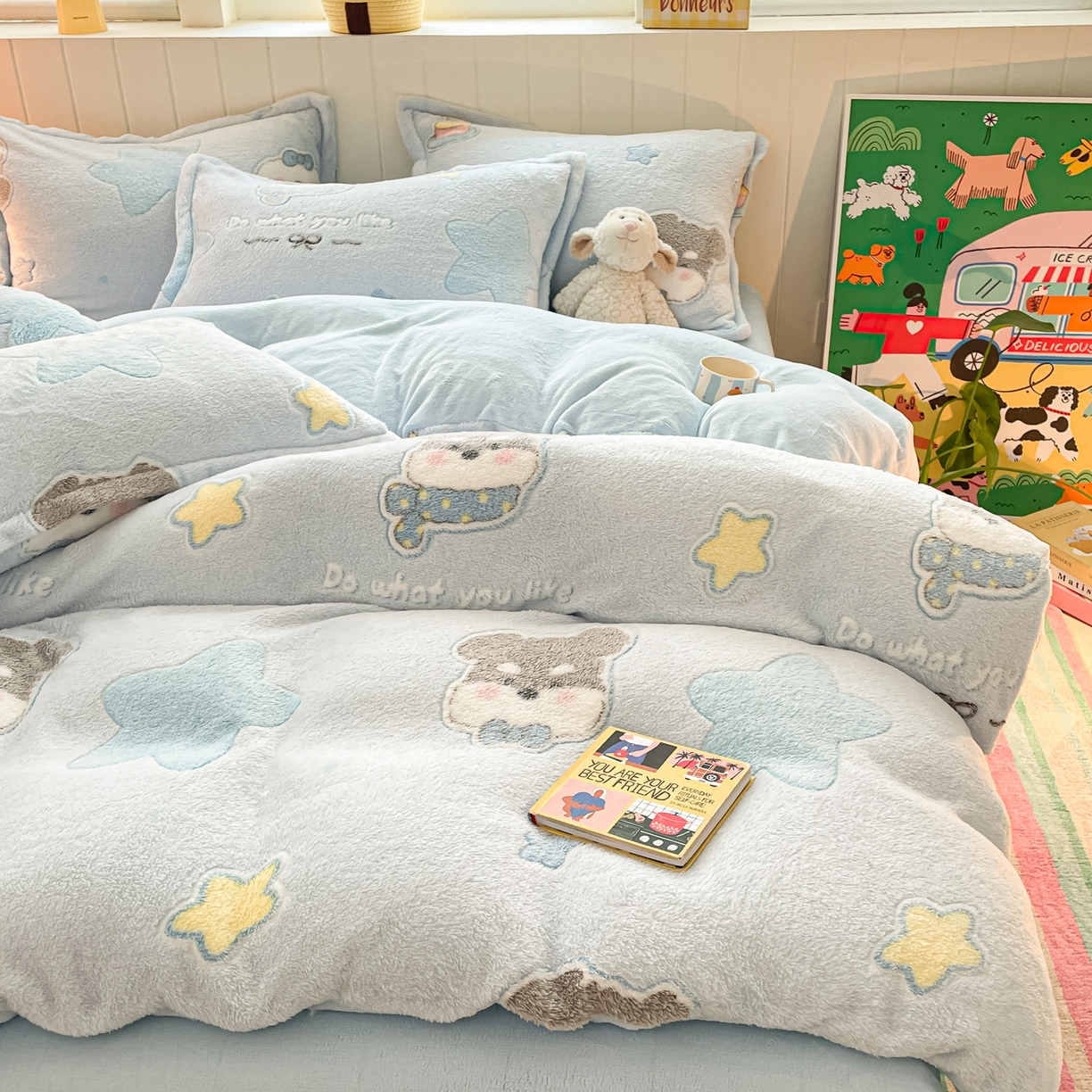 91家纺网 家纺一手货源 找家纺 沐慕 2025新款A类200g加厚雪花绒180g牛奶绒四件套 雪纳瑞