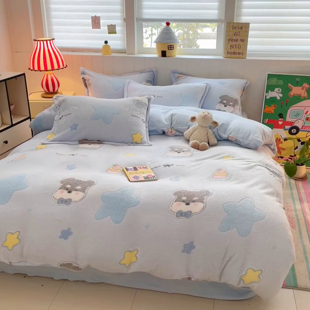 91家纺网 家纺一手货源 找家纺 沐慕 2025新款A类200g加厚雪花绒180g牛奶绒四件套 雪纳瑞