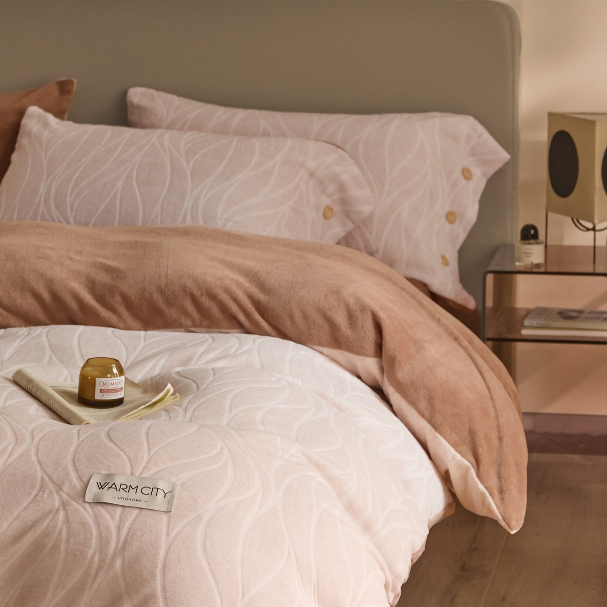 吾诺家居 吾诺 纽扣式雕花牛奶绒四件套-曲线系列 烂花四件套纽扣款 曲线咖