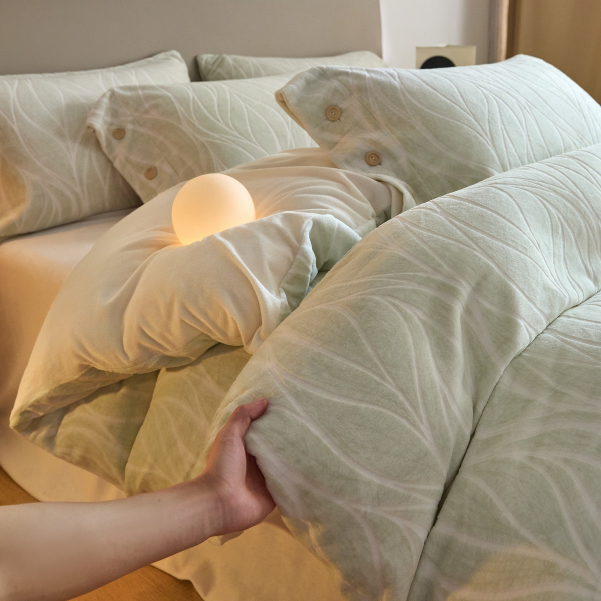 91家纺网 家纺一手货源 找家纺 吾诺家居 吾诺 纽扣式雕花牛奶绒四件套-曲线系列 烂花四件套纽扣款 曲线白