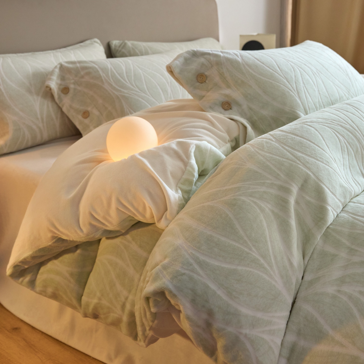 91家纺网 家纺一手货源 找家纺 吾诺家居 吾诺 纽扣式雕花牛奶绒四件套-曲线系列 烂花四件套纽扣款 曲线白