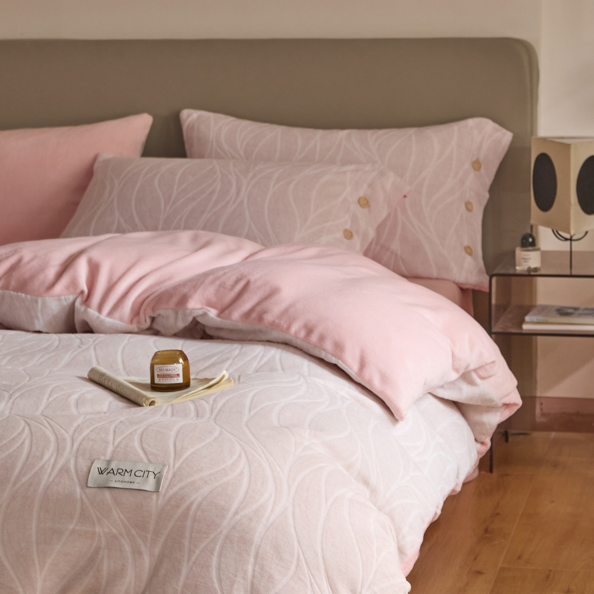 吾诺家居 吾诺 纽扣式雕花牛奶绒四件套-曲线系列 烂花四件套纽扣款 曲线粉