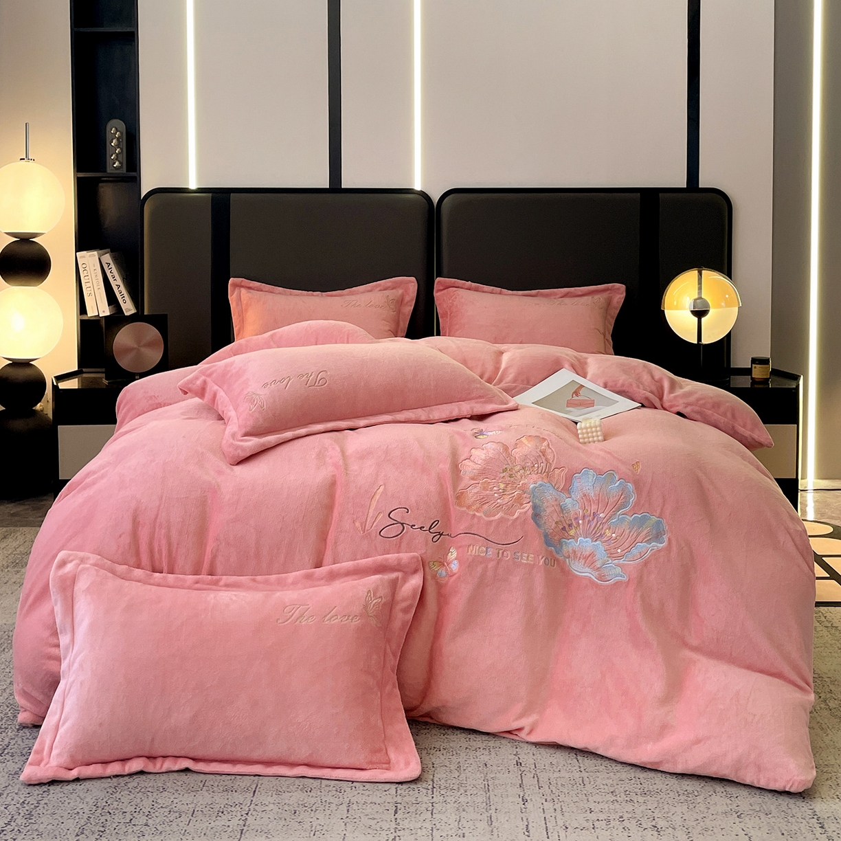 91家纺网 家纺一手货源 找家纺 （总）居易简 2025新款亲肤刺绣款牛奶绒四件套-蝶影翩翩