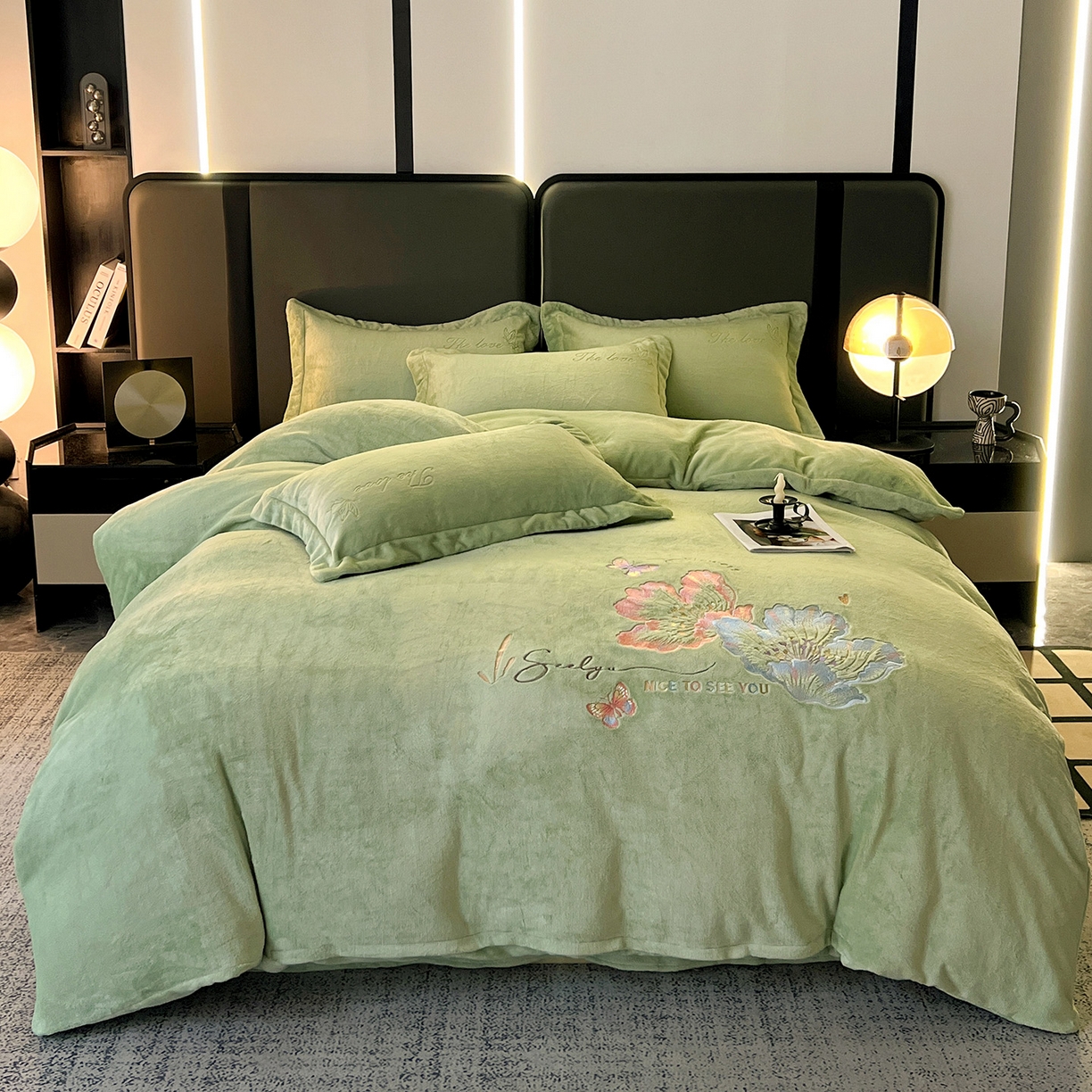 91家纺网 家纺一手货源 找家纺 居易简 2025新款亲肤刺绣款牛奶绒四件套-蝶影翩翩 蝶影翩翩-豆绿