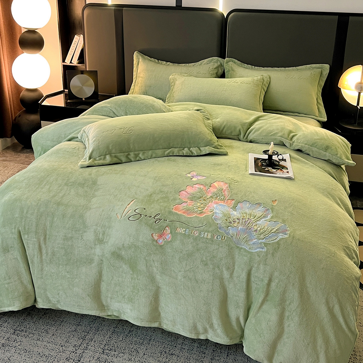 91家纺网 家纺一手货源 找家纺 居易简 2025新款亲肤刺绣款牛奶绒四件套-蝶影翩翩 蝶影翩翩-豆绿