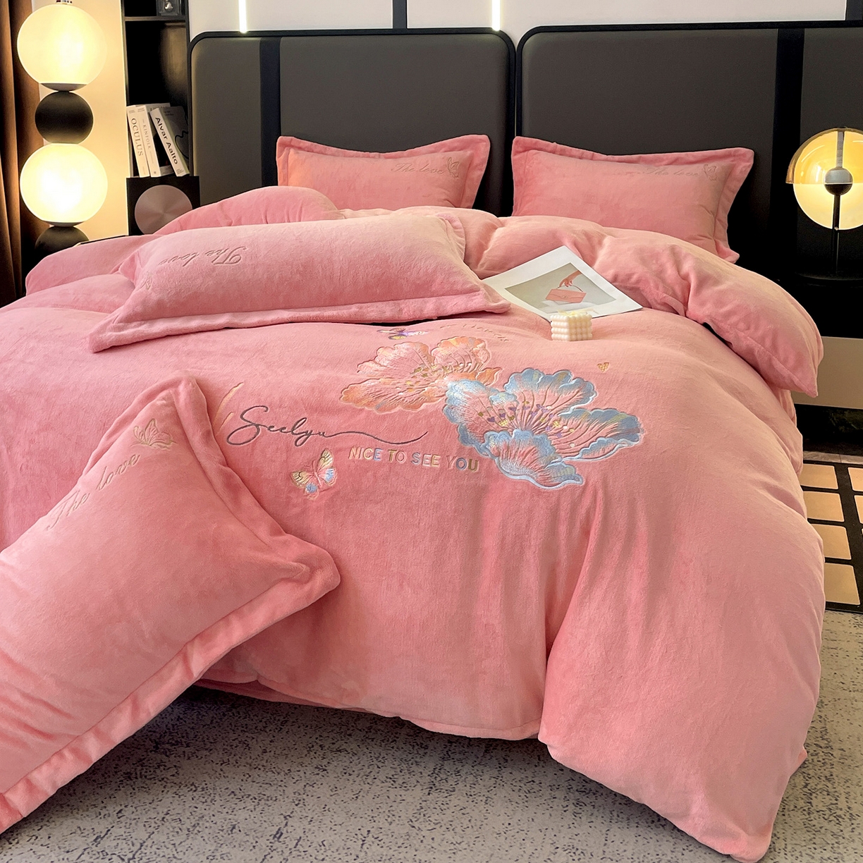 居易简 2025新款亲肤刺绣款牛奶绒四件套-蝶影翩翩 蝶影翩翩-豆沙