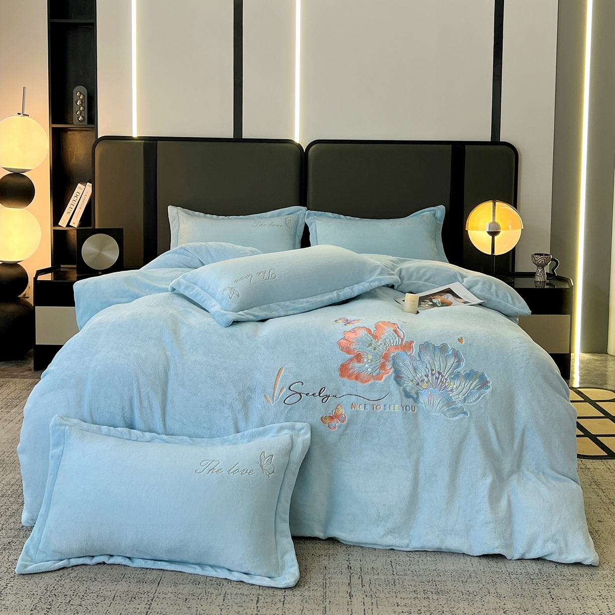 91家纺网 家纺一手货源 找家纺 居易简 2025新款亲肤刺绣款牛奶绒四件套-蝶影翩翩 蝶影翩翩-天蓝