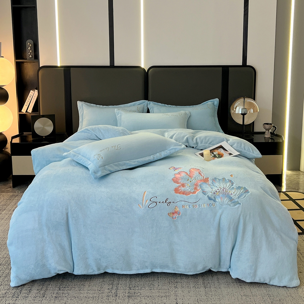 91家纺网 家纺一手货源 找家纺 居易简 2025新款亲肤刺绣款牛奶绒四件套-蝶影翩翩 蝶影翩翩-天蓝