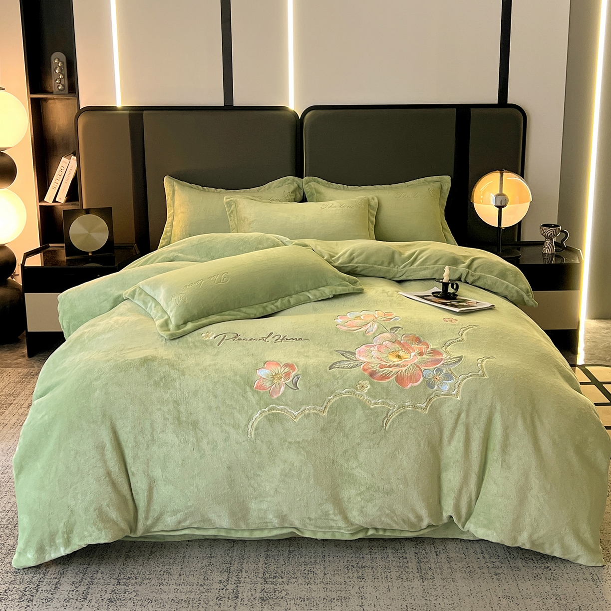 91家纺网 家纺一手货源 找家纺 居易简 2025新款亲肤刺绣款牛奶绒四件套-花晨月夕 花晨月夕-豆绿