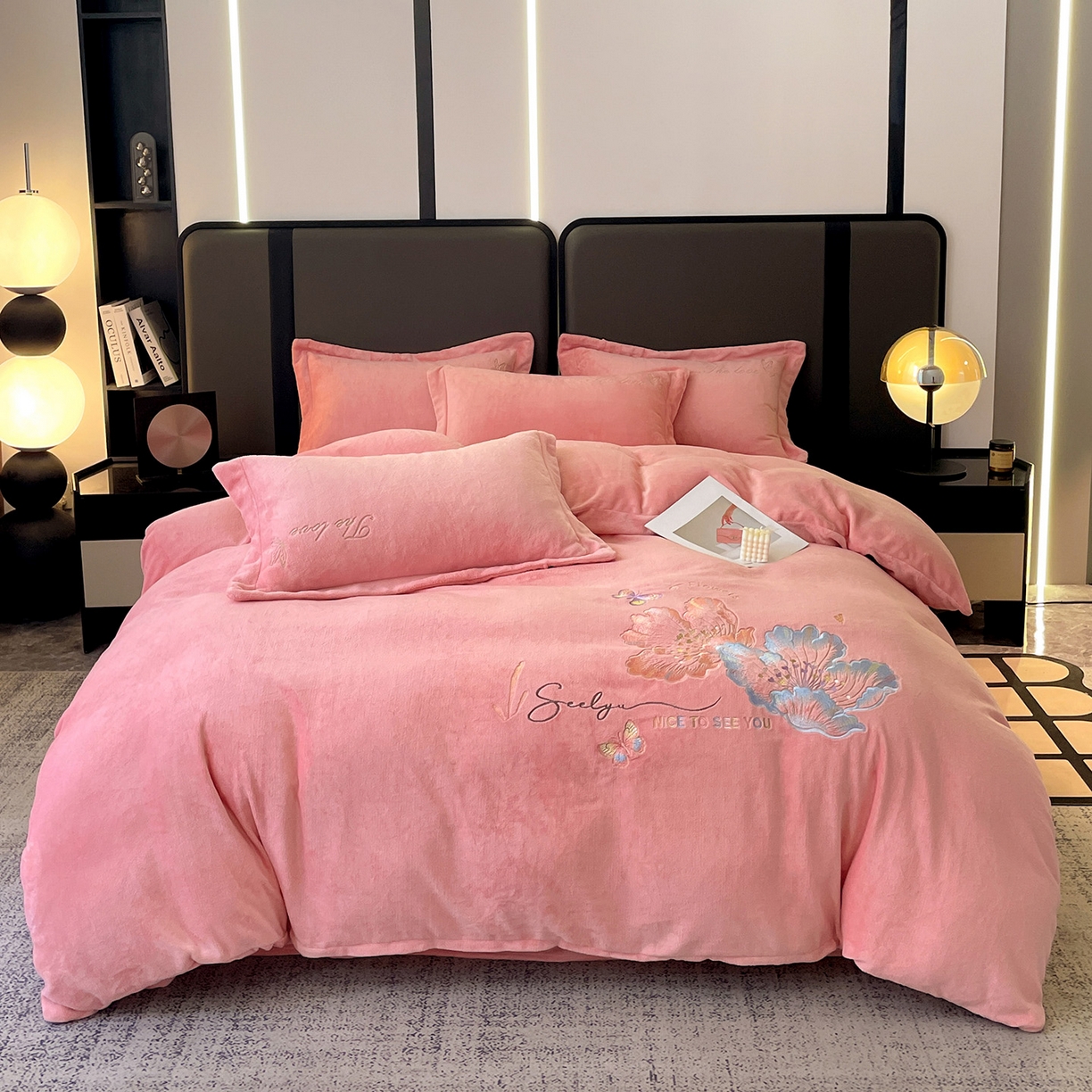 91家纺网 家纺一手货源 找家纺 居易简 2025新款亲肤刺绣款牛奶绒四件套-蝶影翩翩 蝶影翩翩-豆沙