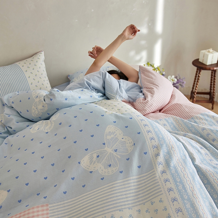 91家纺网 家纺一手货源 找家纺 风向标家纺 2025新款A类全棉双层纱四件套-云羽织梦系列 云羽织梦-水蓝