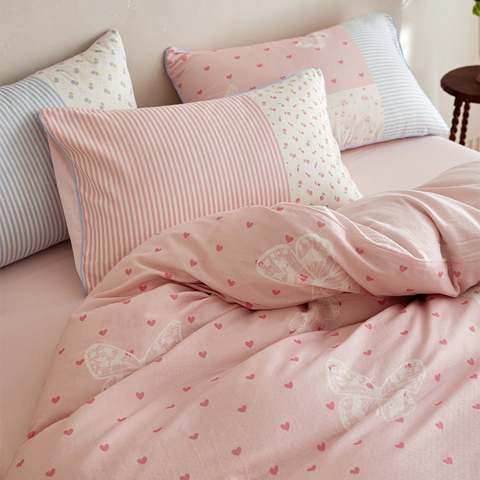 91家纺网 家纺一手货源 找家纺 风向标家纺 2025新款A类全棉双层纱四件套-云羽织梦系列 云羽织梦-雾粉