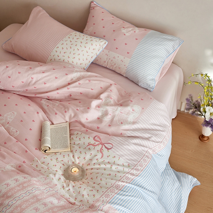 91家纺网 家纺一手货源 找家纺 风向标家纺 2025新款A类全棉双层纱四件套-云羽织梦系列 云羽织梦-雾粉