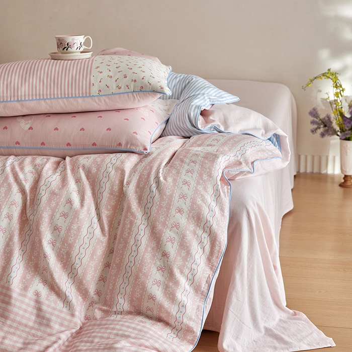 91家纺网 家纺一手货源 找家纺 风向标家纺 2025新款A类全棉双层纱四件套-云羽织梦系列 云羽织梦-雾粉