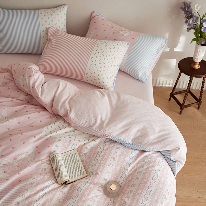 91家纺网 家纺一手货源 找家纺 风向标家纺 2025新款A类全棉双层纱四件套-云羽织梦系列 云羽织梦-雾粉