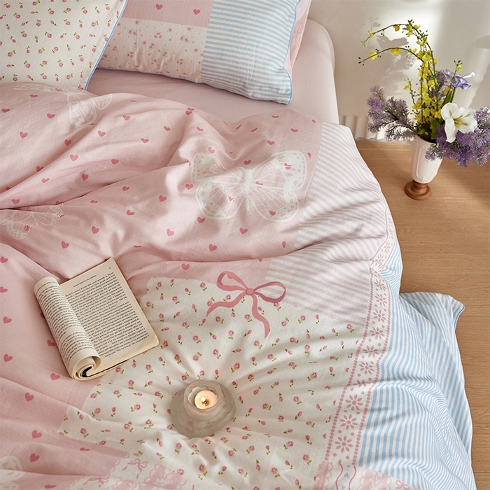 91家纺网 家纺一手货源 找家纺 风向标家纺 2025新款A类全棉双层纱四件套-云羽织梦系列 云羽织梦-雾粉