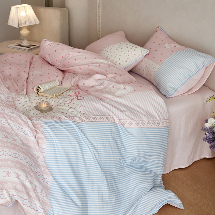 91家纺网 家纺一手货源 找家纺 风向标家纺 2025新款A类全棉双层纱四件套-云羽织梦系列 云羽织梦-雾粉