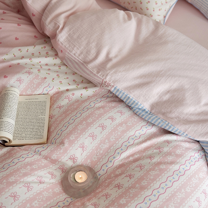 91家纺网 家纺一手货源 找家纺 风向标家纺 2025新款A类全棉双层纱四件套-云羽织梦系列 云羽织梦-雾粉