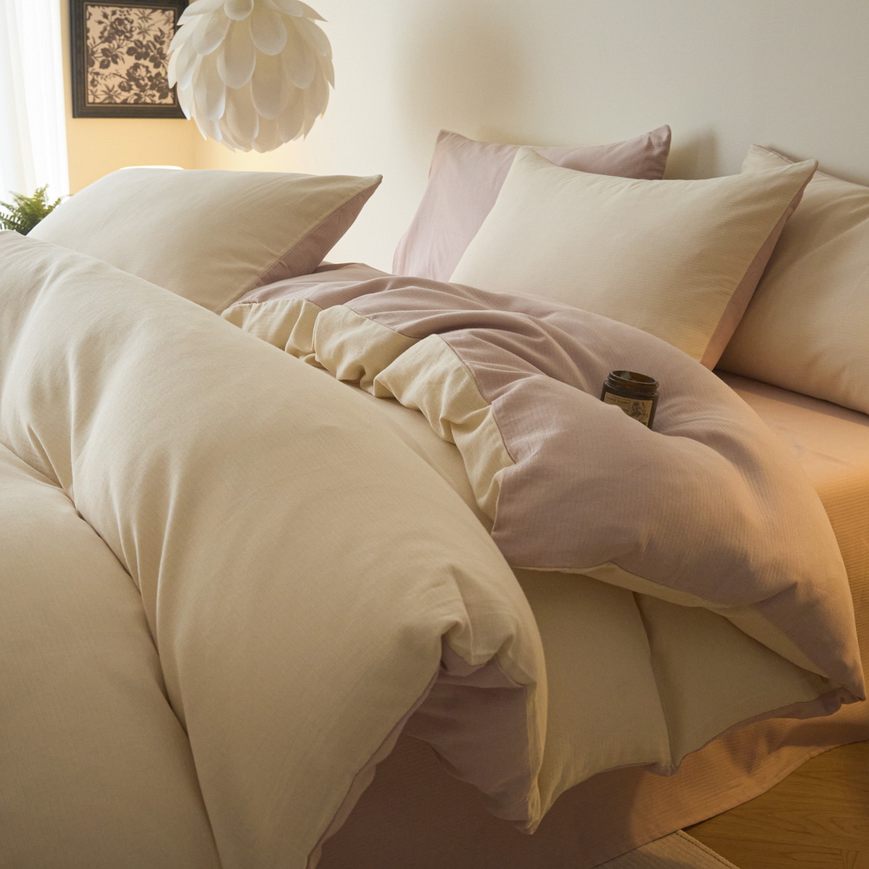 小叮当家纺仓储工厂店 2025新款提供买家秀爆款花型不断货60s水洗提花全棉纯棉磨毛四件套 米杏色+芭蕾粉