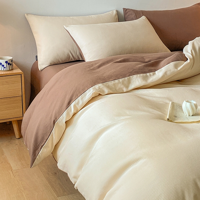 91家纺网 家纺一手货源 找家纺 小叮当家纺仓储工厂店 2025新款提供买家秀爆款花型不断货60s水洗提花全棉纯棉磨毛四件套 米杏色