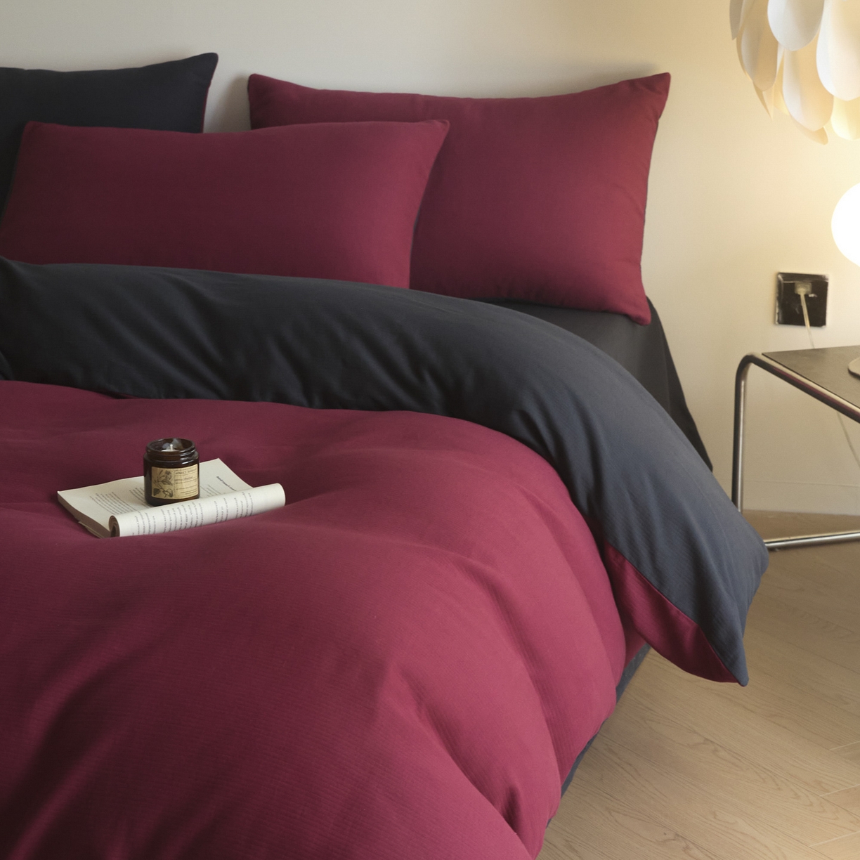 91家纺网 家纺一手货源 找家纺 小叮当家纺仓储工厂店 2025新款提供买家秀爆款花型不断货60s水洗提花全棉纯棉磨毛四件套 樱桃红+玛瑙灰