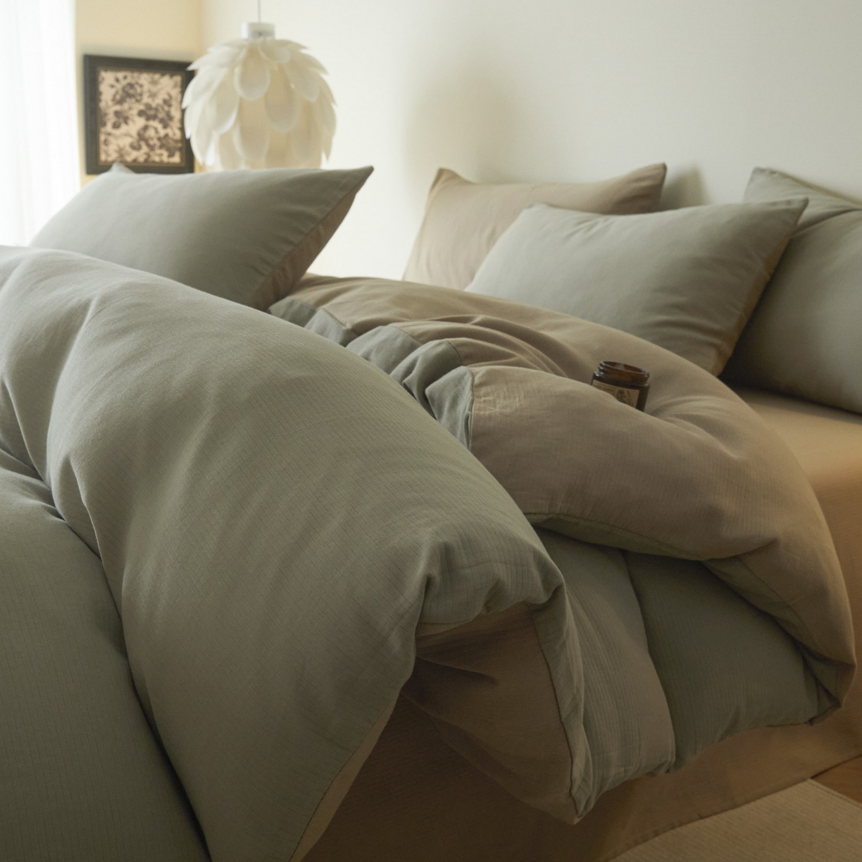 小叮当家纺仓储工厂店 2025新款提供买家秀爆款花型不断货60s水洗提花全棉纯棉磨毛四件套 浅绿金+茶褐棕