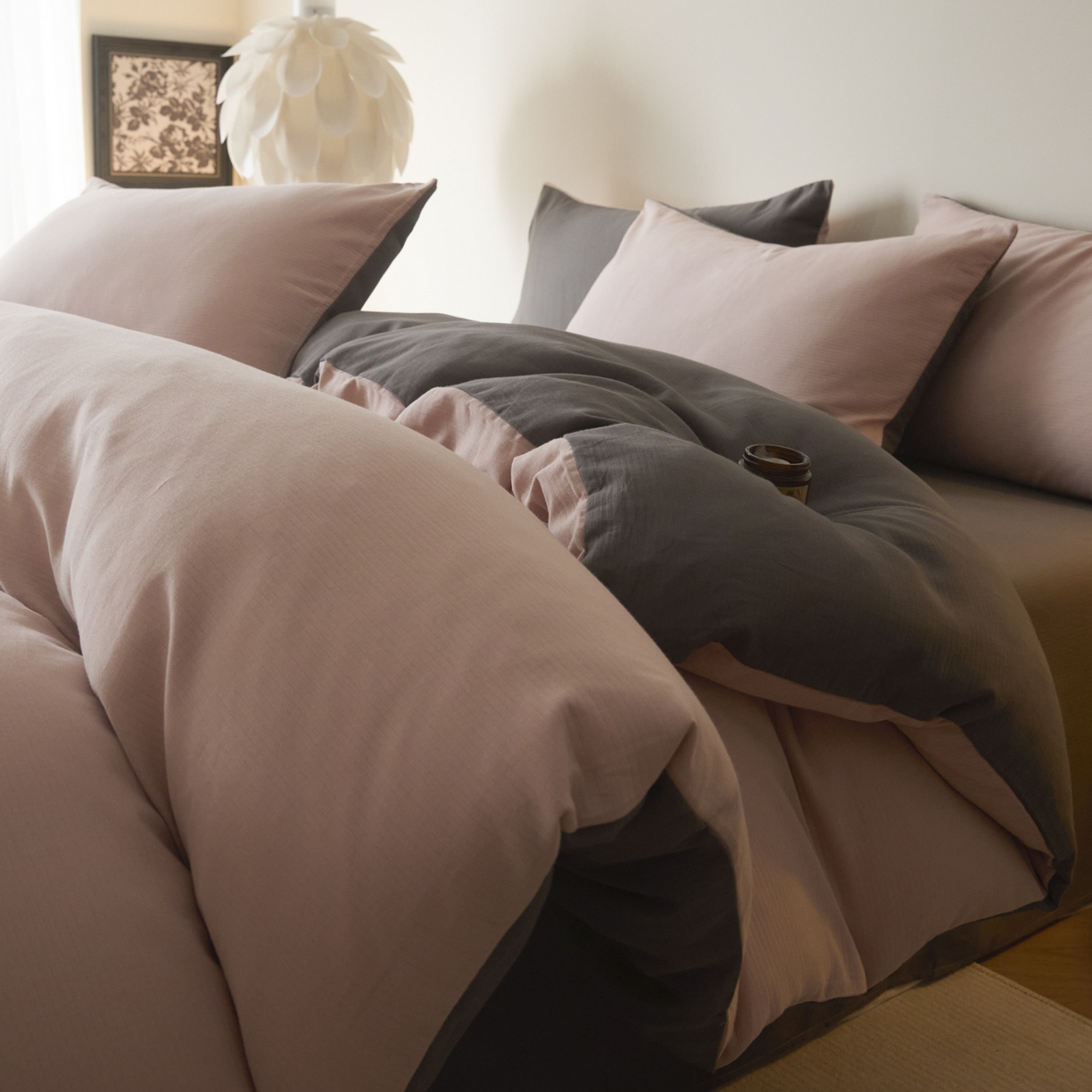 小叮当家纺仓储工厂店 2025新款提供买家秀爆款花型不断货60s水洗提花全棉纯棉磨毛四件套 芭蕾粉+骑士灰