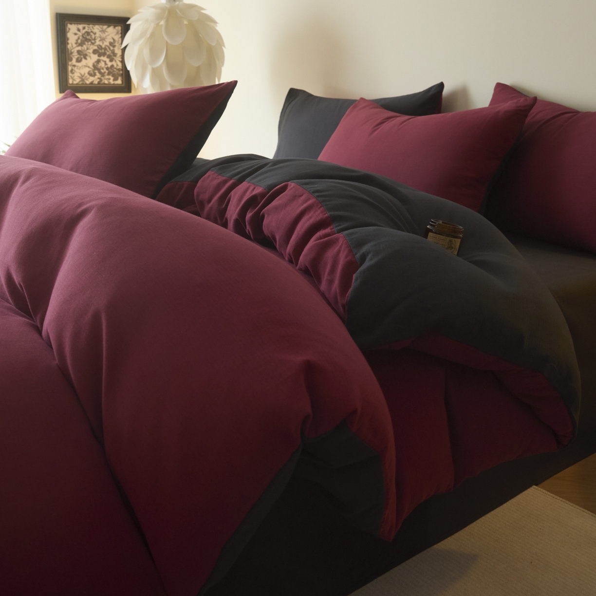 小叮当家纺仓储工厂店 2025新款提供买家秀爆款花型不断货60s水洗提花全棉纯棉磨毛四件套 樱桃红+玛瑙灰