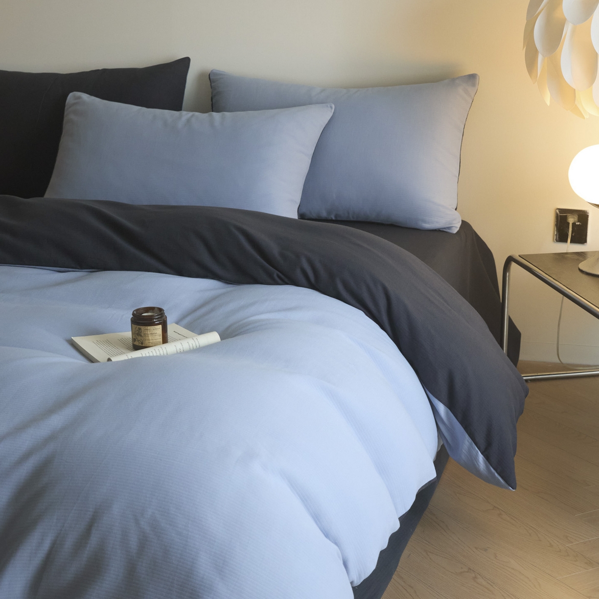 91家纺网 家纺一手货源 找家纺 小叮当家纺仓储工厂店 2025新款提供买家秀爆款花型不断货60s水洗提花全棉纯棉磨毛四件套 星蓝+玛瑙灰