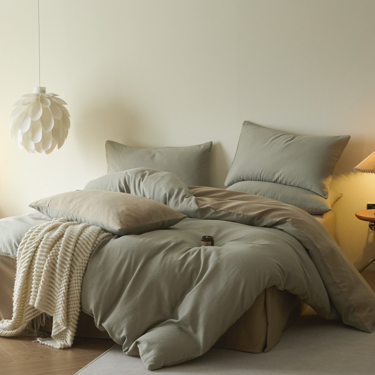 91家纺网 家纺一手货源 找家纺 小叮当家纺仓储工厂店 2025新款提供买家秀爆款花型不断货60s水洗提花全棉纯棉磨毛四件套 浅绿金+茶褐棕