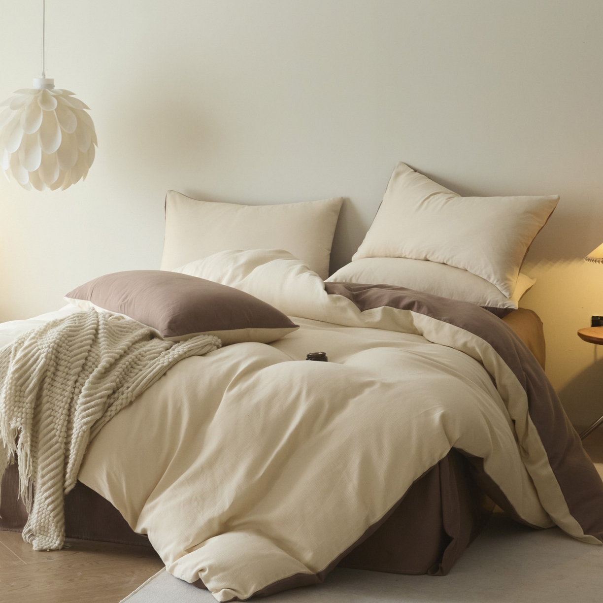 91家纺网 家纺一手货源 找家纺 小叮当家纺仓储工厂店 2025新款提供买家秀爆款花型不断货60s水洗提花全棉纯棉磨毛四件套 米杏色+迷雾棕