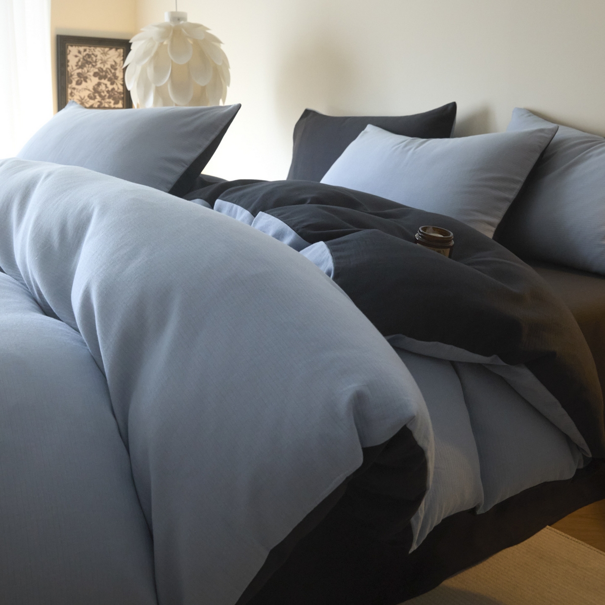 小叮当家纺仓储工厂店 2025新款提供买家秀爆款花型不断货60s水洗提花全棉纯棉磨毛四件套 星蓝+玛瑙灰