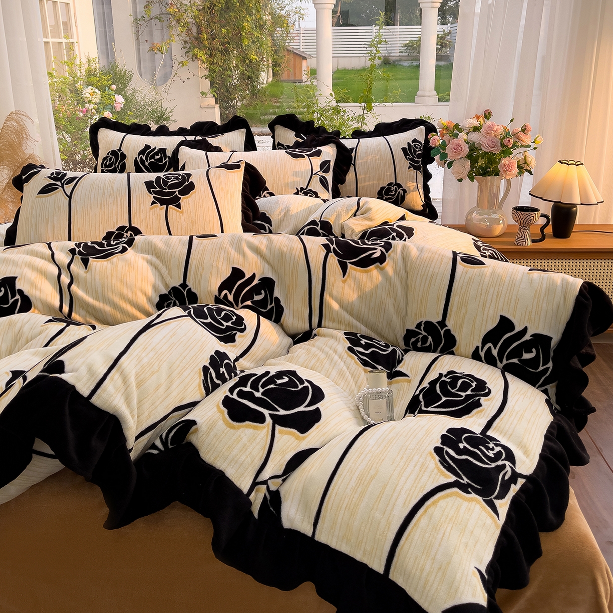 91家纺网 家纺一手货源 找家纺 赛丽雅 2025新款赫本风牛奶绒床裙款黑色花边四件套花边款 8-9 斤加厚面料 漫花