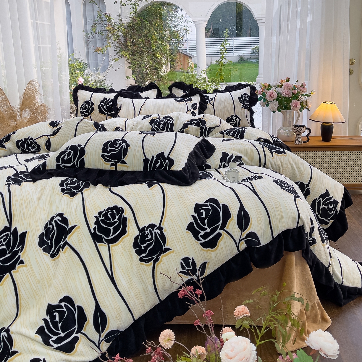 91家纺网 家纺一手货源 找家纺 赛丽雅 2025新款赫本风牛奶绒床裙款黑色花边四件套花边款 8-9 斤加厚面料 漫花