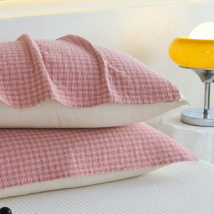 棠薇家纺 2025新款 枕巾纯棉纱布水洗全棉纱布纯棉耐脏吸汗透气预缩水 小格红