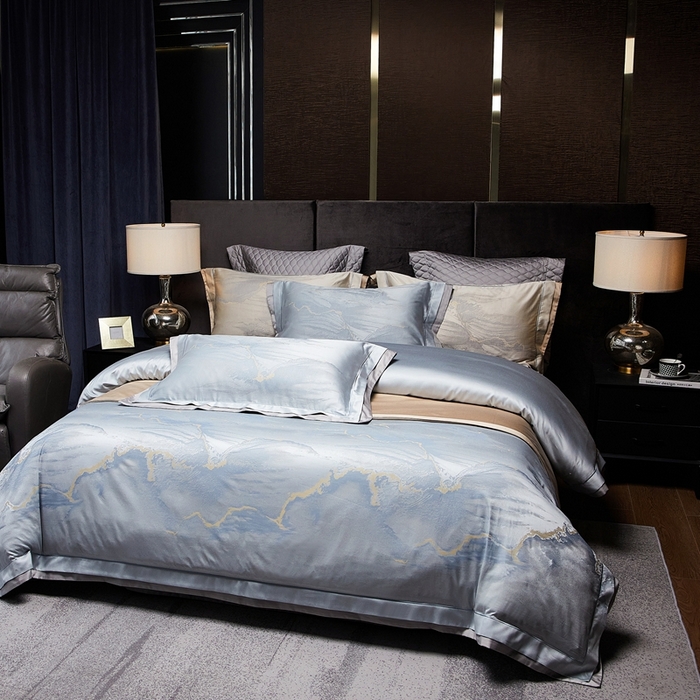 91家纺网 家纺一手货源 找家纺 南泉坊 2025新款亲肤舒适双层荷叶边色织提花四件套 科拉-蓝