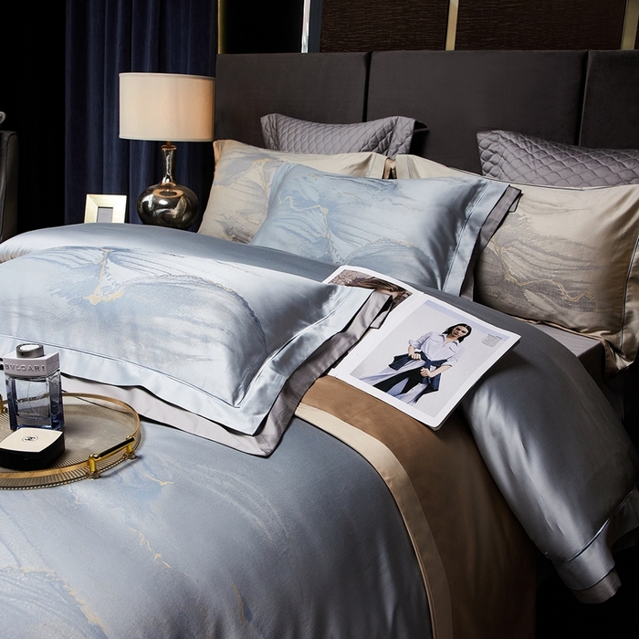 91家纺网 家纺一手货源 找家纺 南泉坊 2025新款亲肤舒适双层荷叶边色织提花四件套 科拉-蓝