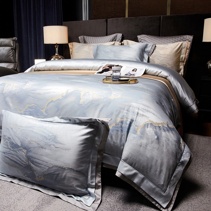 91家纺网 家纺一手货源 找家纺 南泉坊 2025新款亲肤舒适双层荷叶边色织提花四件套 科拉-蓝