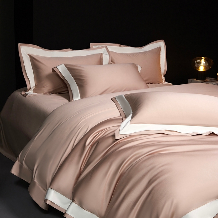 南泉坊 2025新款亲肤舒适全棉纯棉长绒棉双层荷叶边撞色四件套-休斯顿 休斯顿-虾粉