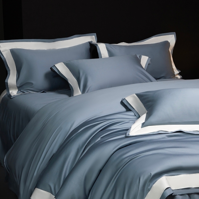 南泉坊 2025新款亲肤舒适全棉纯棉长绒棉双层荷叶边撞色四件套-休斯顿 休斯顿-天蓝